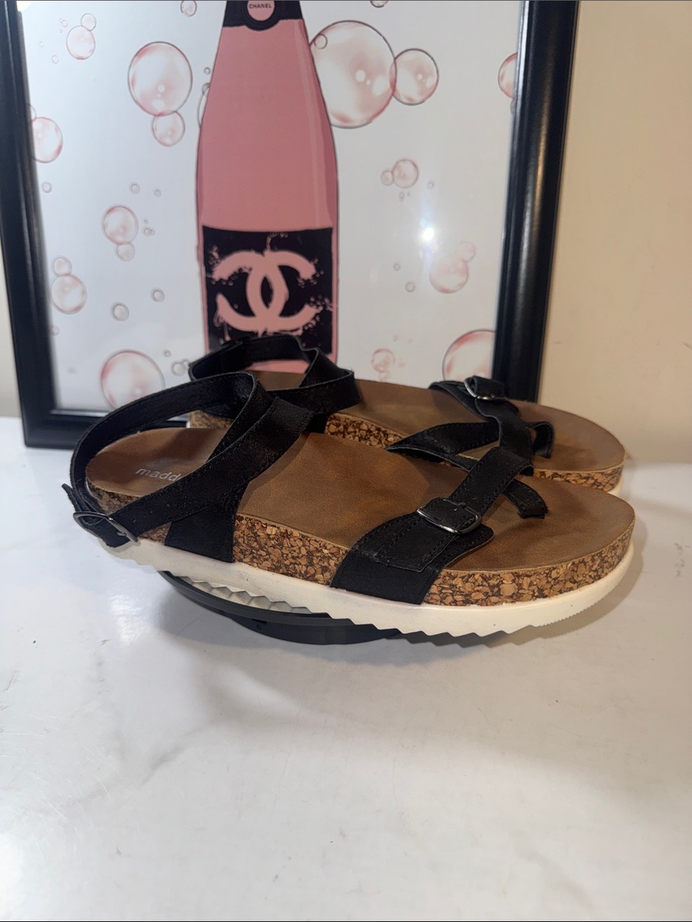 Madden Girl Garnet Black Strappy Cork-Platform Sandals - Women’s Size 7M
